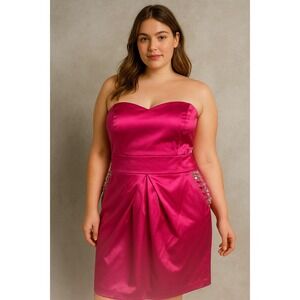 NWT Hot Pink Satin Strapless Sweetheart Neck Beaded Pocket Mini Dress Size 18